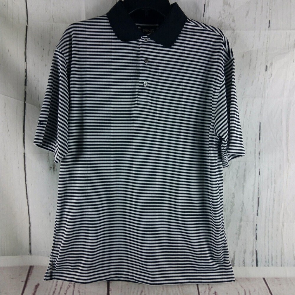 PING Collection Dry Fiber Dynamics Mens Black White Striped Golf Polo Shirt Sz M